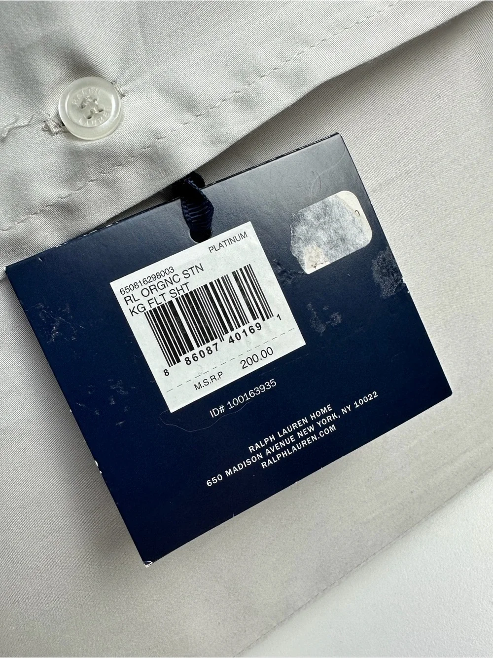 Ralph Lauren RL Home Organic Cotton Sateen King Flat Sheet Platinum NWT